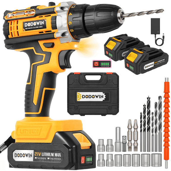 21V Cordless Brushless Drill Kit With Dual Batteries, Charger, Tool Case, Drill Bits, Socket Accessories & Flexible Extension For Home DIY, Furniture Assembly, Installation And Repair