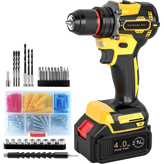 21V Cordless Brushless Power Drill Set with 4.0Ah Large Capacity and , 3/8-Inch Keyless Chuck Drill Driver, 25+1 Torque Setting, 2 Speed, 87 count Drill kit for DIY Projects
