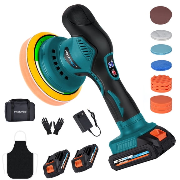 21V Cordless Car Buffer Polisher 6 Variable Speed 2800-5500 RPM Eccentric Orbital Polisher with Dual 2000mAh Batteries Full Detailing Pad Kit for Auto Waxing Scratch Removal
