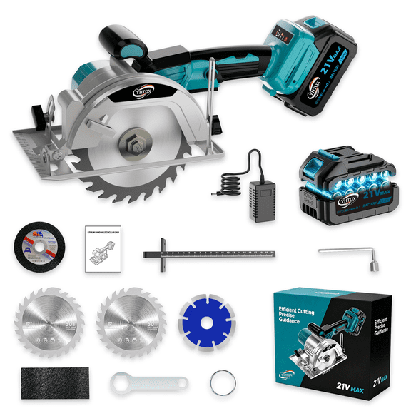 21V Cordless Circular Saw Kit with 1 Battery & Charger, 5-1/2 Inch Electric Handheld Circular Saw, Adjustable 045 Bevel Cutting Depth, Multi-Blade Set, for Wood DIY & Home Improvement