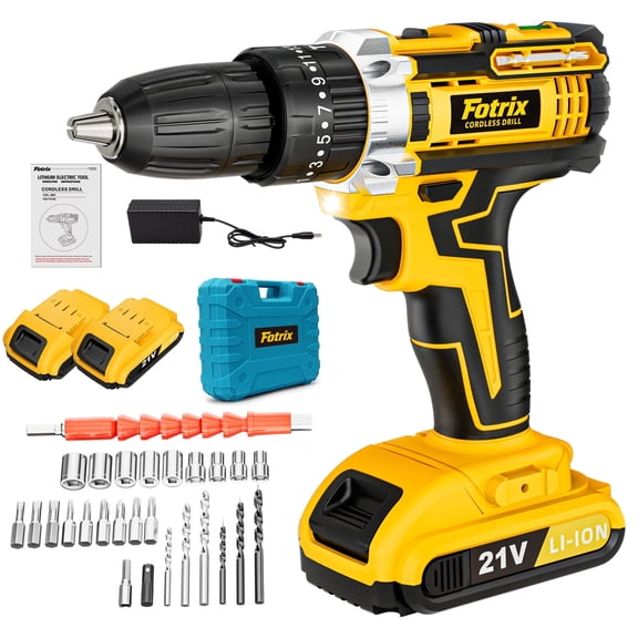 21V Cordless Drill, 2 Speed, Keyless 3/8" Chase Drill with LED Light, Equipped, Two batteries&plastic case packaging