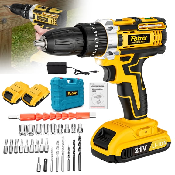 21V Cordless Drill, 2 Speed, Keyless 3/8" Chase Drill with LED Light, Equipped, Two batteries&plastic case packaging
