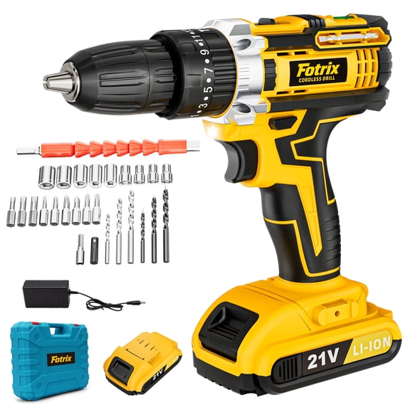 21V Cordless Drill, 2 Speed, Keyless 3/8" Chase Drill with LED Light, Equipped, Two batteries&plastic case packaging
