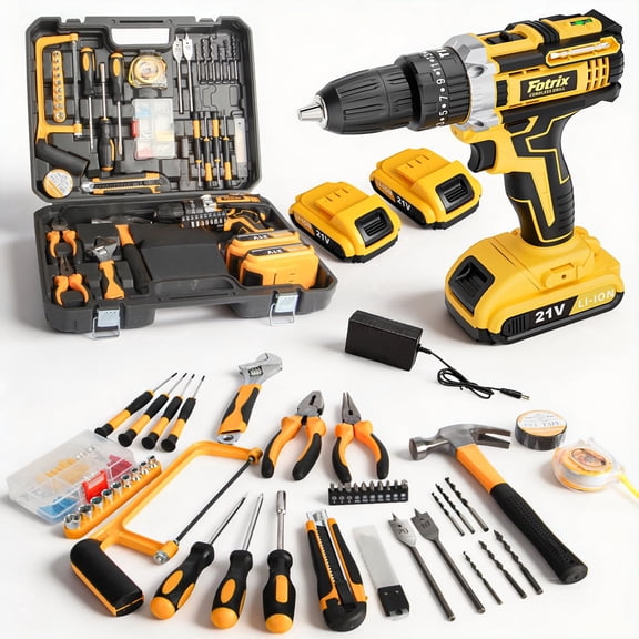 21V Cordless Drill, 2 Speed, Keyless 3/8" Chase Drill with LED Light, Equipped, Two batteries&plastic case packaging