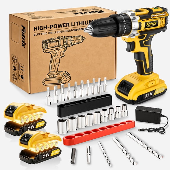 21V Cordless Drill, 2 Speed, Keyless 3/8" Chase Drill with LED Light, Equipped, one battery&plastic case packaging