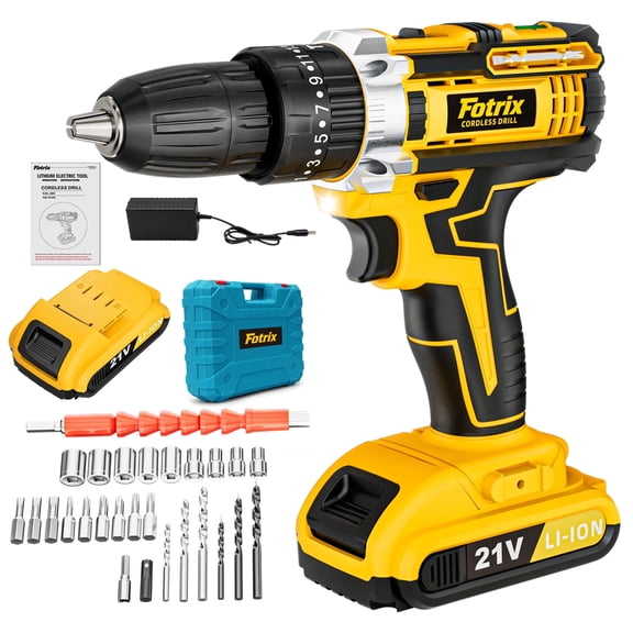 21V Cordless Drill, 2 Speed, Keyless 3/8" Chase Drill with LED Light, Equipped, one battery&plastic case packaging