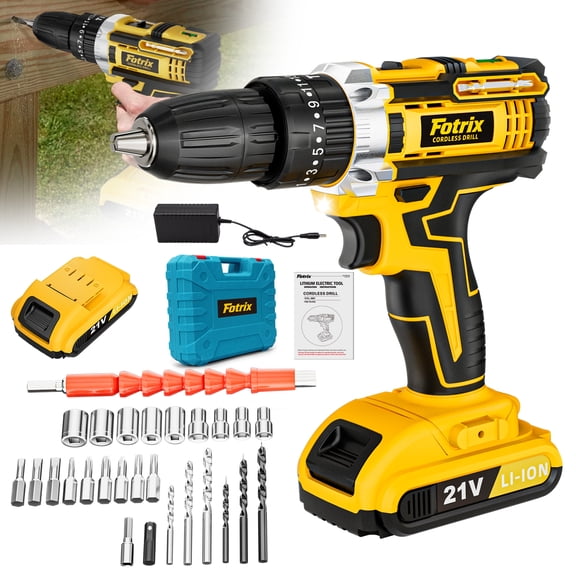 21V Cordless Drill, 2 Speed, Keyless 3/8" Chase Drill with LED Light, Equipped, one battery&plastic case packaging