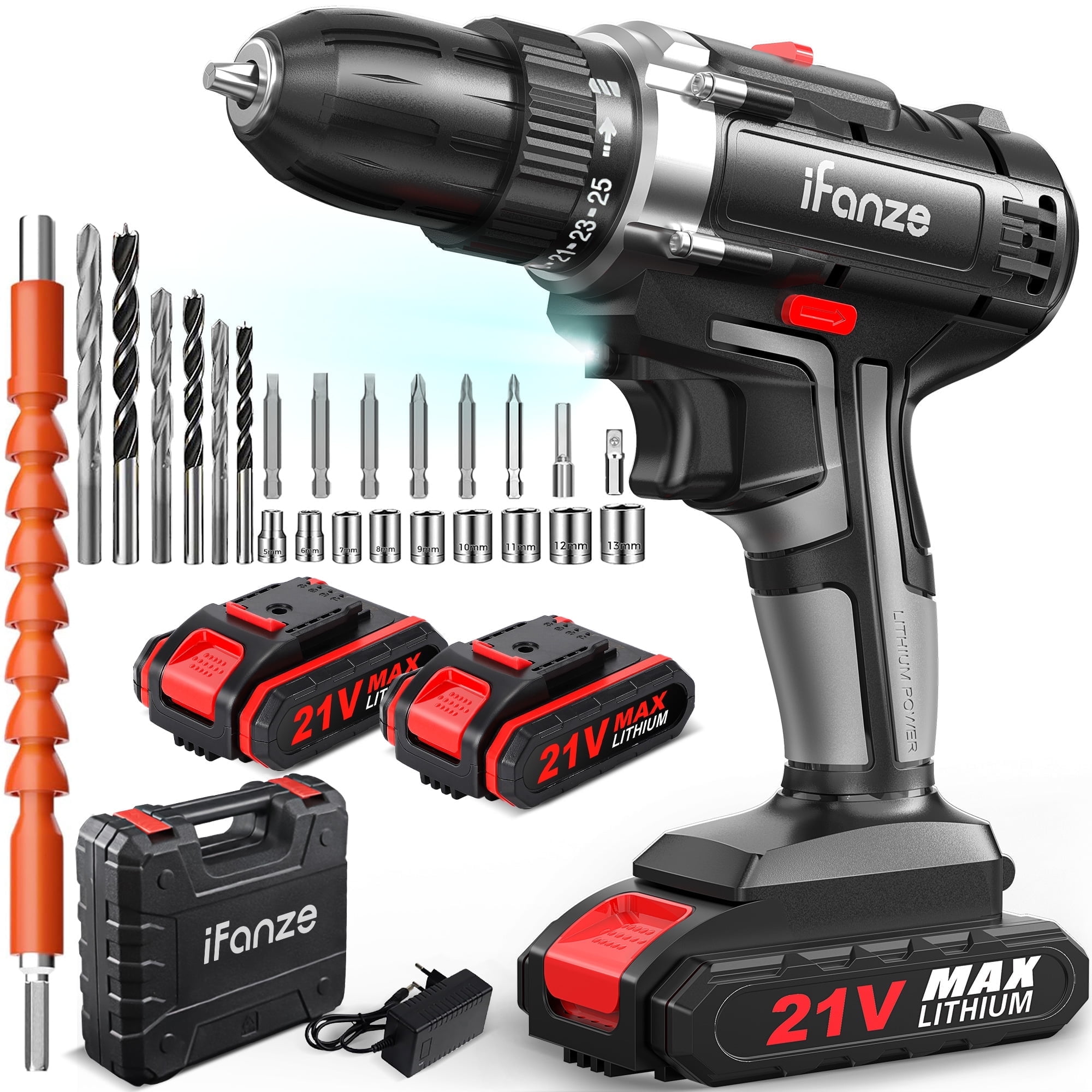 Qunler 21V Cordless Drill, Power Drill Driver Set with 2 Batteries, 3/8"Keyless Chuck, 25+1 Position, 2 Variable Speed, Built-in LED for Drilling and Screw Driving