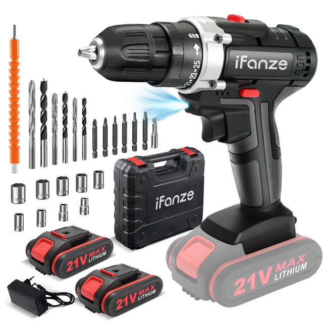 21V Cordless Drill, 3/8 inch Power Drill Driver Set with 2 Batteries