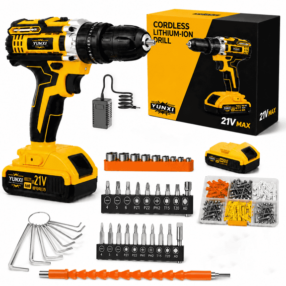 21V Cordless Drill Driver Kit,Electric Power Drill with Rechargeable Lithium-Ion Battery, Fast Charger, Variable Speed, LED Light, Set for Home DIY, Repair, Wood, Metal, Plastic