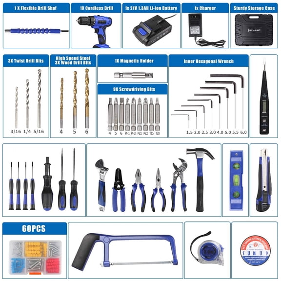 21V Cordless Drill Driver Kit with 107-Piece Tool Set, Variable Speed Electric Screwdriver for Home Repair and Projects