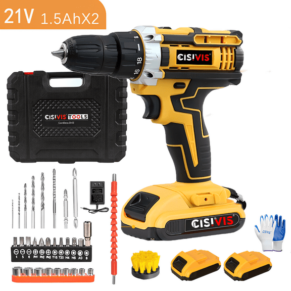 21V Cordless Drill Driver Power Tool Kit - Multi-Function Screwdriver with 2 Batteries, 1 Replacement Brush, Variable Speed & LED Light