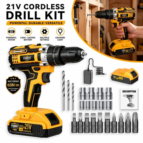 21V Cordless Drill Kit, Max 60Nm Electric Power Drill Driver with Rechargeable Battery, Charger, LED Work Light, Multiple Drill Bits & Socket Set for Wood, Home Repair & DIY