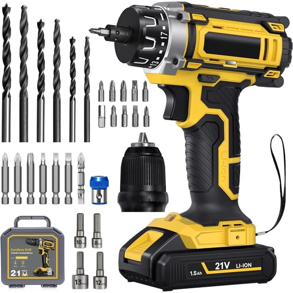 21V  Cordless  Drill Set, 3/8" Keyless Chuck Power Drill 17+1 Torque, 2 Variable Speed, Built-In , Versatile Hand Drills for  Drilling/Screw Removal