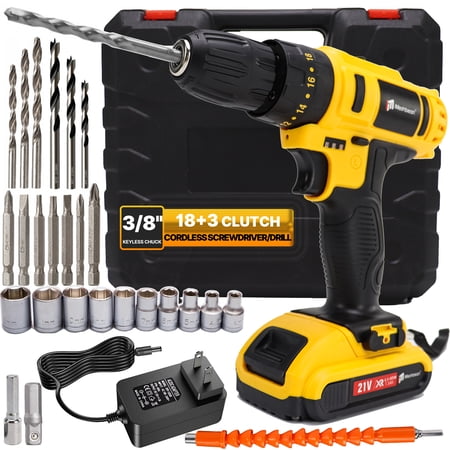 21V Cordless Drill Set, 3-in-1 Electric Power Drill 26Pcs with 3/8 Inch Keyless Chuck, 8+3 Clutch with Work Light, Max torque 33Nm, 2-Variable Speed Screw Driver with Battery and Fast Charger