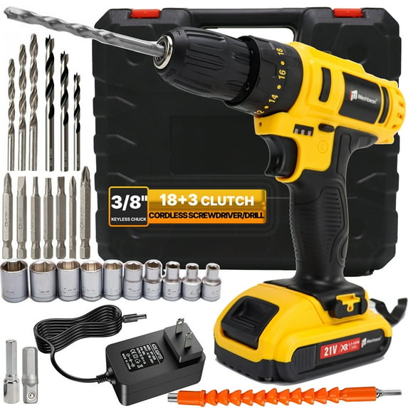 21V Cordless Drill Set, 3-in-1 Electric Power Drill 26Pcs with 3/8 Inch Keyless Chuck, 8+3 Clutch with Work Light, Max torque 33Nm, 2-Variable Speed Screw Driver with Battery and Fast Charger