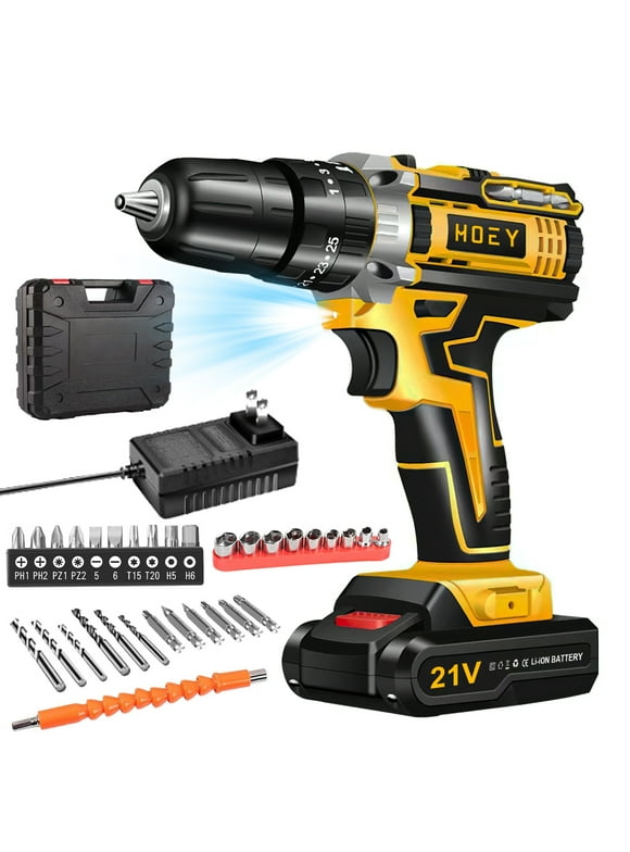 21V Cordless Drill Set, Electric Power Drill 34Pcs with 3/8 Inch Keyless Chuck, 25+3 Clutch Drill with Work Light, Max torque 45Nm, 2-Variable Speed & Battery and Fast Charger