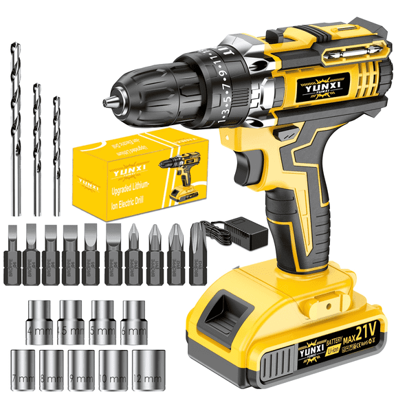 21V Cordless Drill Set, Electric Power Drill with 1 Battery & Charger, 3/8" Keyless Chuck, 25+1 Torque Setting, Cordless Drill Driver with Drill Bits, Sockets & Screwdriver Bits