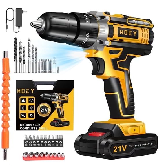 21V Cordless Drill Set,Electric Power Drill 34Pcs with 3/8 Inch Keyless Chuck, 25+3 Clutch Compact Driver Drill with Work Light, Max torque 45Nm, 2-Variable Speed & Battery and Fast Charger