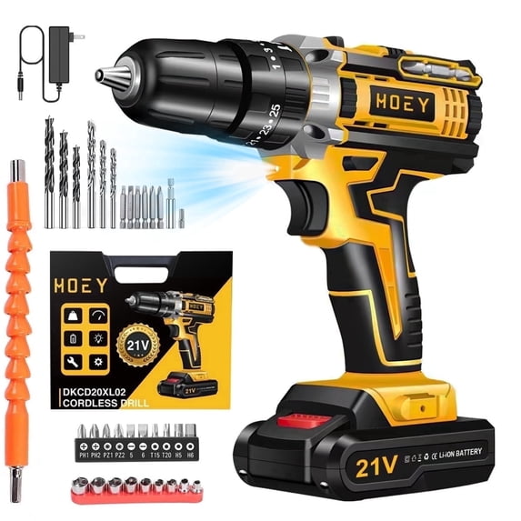 21V Cordless Drill Kit with Battery and Charger, 34-Piece Electric Power Drill Set with 45Nm Torque, Adjustable Clutch, LED Light for Home Repair, DIY and Furniture Assembly