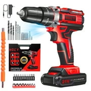 21V Cordless Drill Set, Electric Power Drill 34Pcs with 3/8 Inch Keyless Chuck, 25+3 Clutch Compact Driver Drill with Work Light, Max torque 45Nm, 2-Variable Speed & Battery and Fast Charger