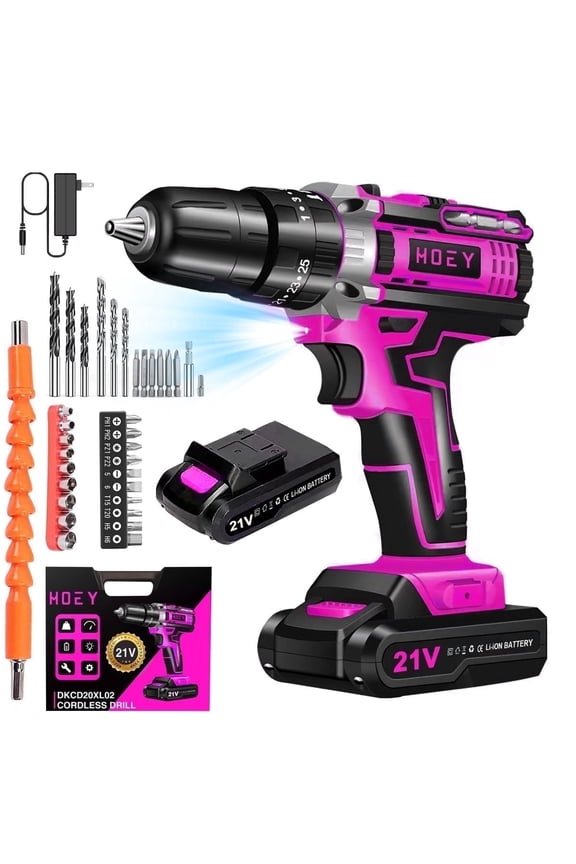 21V Cordless Power Drill Set, 3/8 Inch Keyless Metal Chuck, 25+3 Clutch, Built-in LED Work Light, 34-Piece Accessory Kit