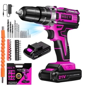 Hoey 21V Cordless Power Drill Set, 3/8 Inch Keyless Metal Chuck, 25+3 Clutch, Built-in LED Work Light, 34-Piece Accessory Kit