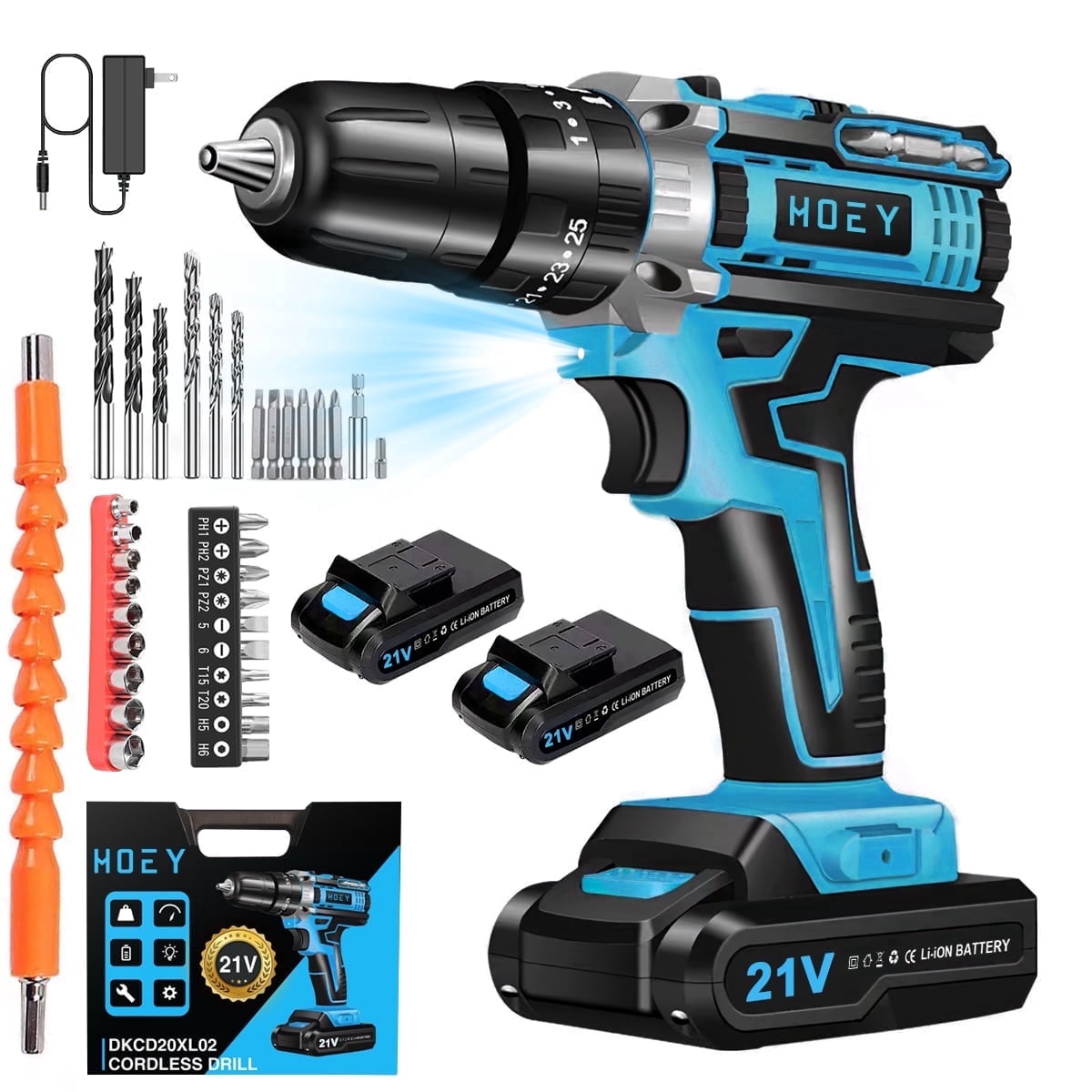 HOEY 21V Cordless Drill Driver Kit (34-Piece Set)