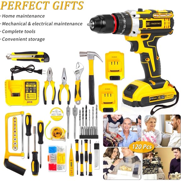 21V Cordless Drill Set with Impact Function, 3/8" Keyless Chuck, 2x2.0Ah Batteries, 45Nm Torque, 2-Speed Variable Control for Home and Automotive Repair