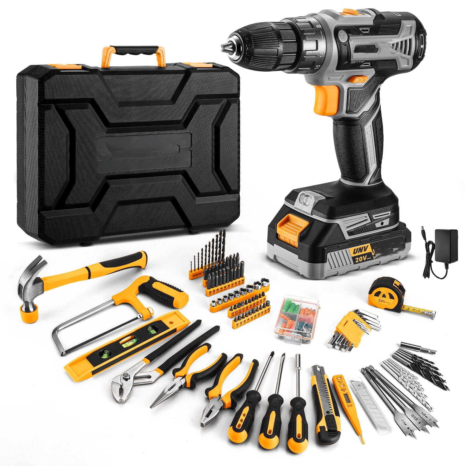 21V Cordless Drill Set, Impact Power Drill With 3/8 Inch Keyless Chuck, 18+3 Clutch Electric Drill With Work Light, Max Torque 45Nm, 2-Variable Speed & 2.0AH Batteries And Fast Charger