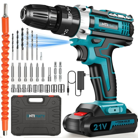 21V Cordless Drill Set, UNTIMATY Power Drill Set with Battery and Charger, Electric Drill Home Improvement, 3/8'' Keyless Chuck, 25+3 Torque Setting, Drill Bits, LED&Variable Speed