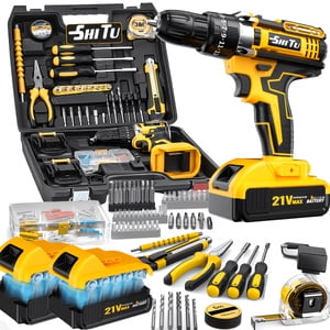 21V Cordless Drill Set with Hand Tools, Complete Rechargeable Power Drill Kit with Batteries in Tool Box