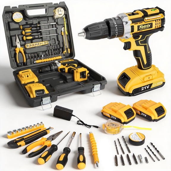 21V Cordless Drill Tool Sett, 2 Speed, Keyless 3/8" Chase Drill with LED Light, Two batteries&plastic case packaging