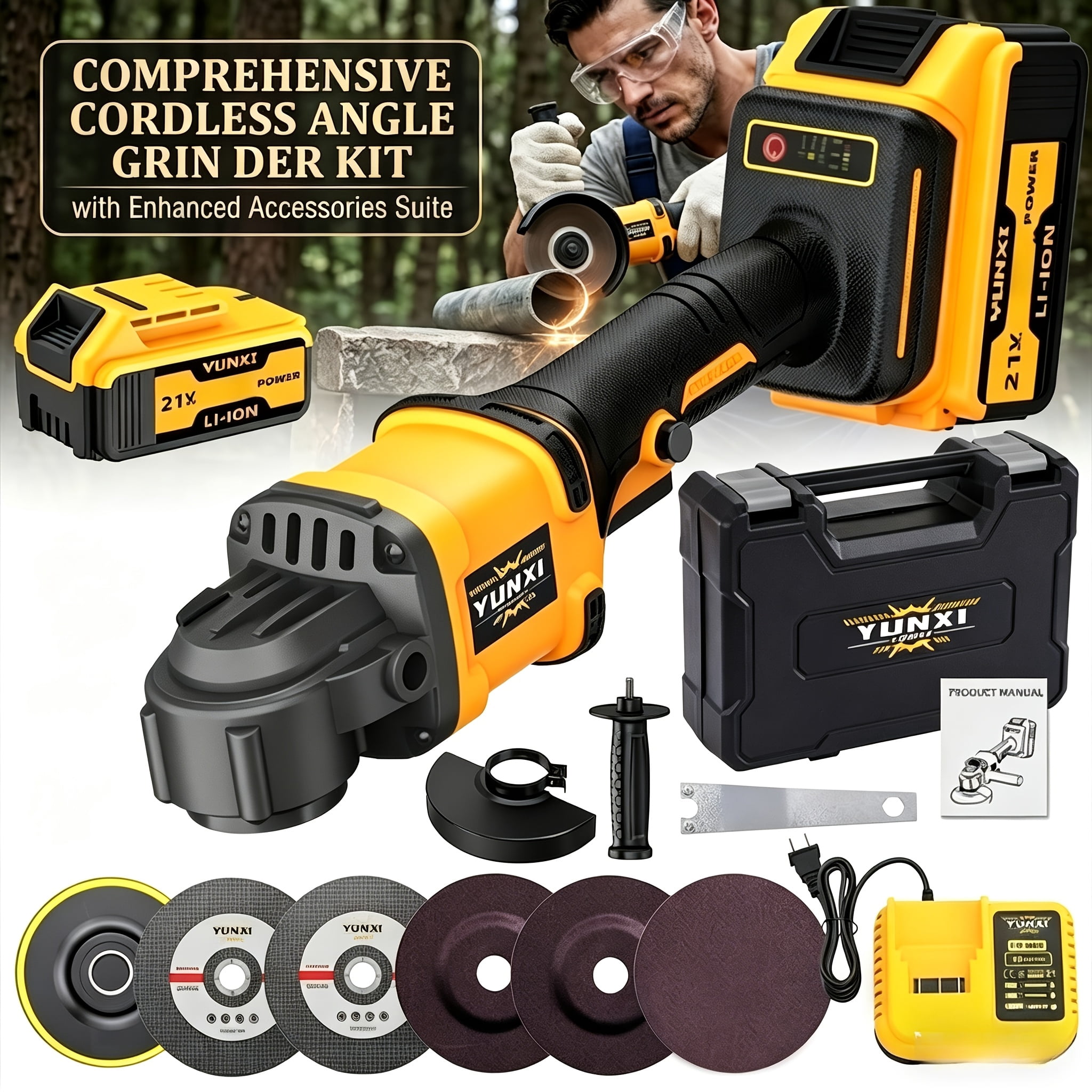 21V Cordless Electric Angle Grinder Kit, Rechargeable Buffer Polisher with 4000mAh Lithium-Ion Battery, Fast Charger and Complete Accessories, for Wood, Metal, Plastic, Stone, Car Polishing,