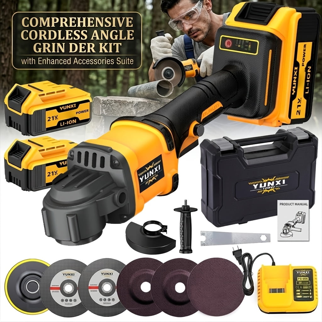 21V Cordless Electric Angle Grinder Kit, Rechargeable Buffer Polisher with 4000mAh Lithium-Ion Battery, Fast Charger and Complete Accessories, for Wood, Metal, Plastic, Stone, Car Polishing,
