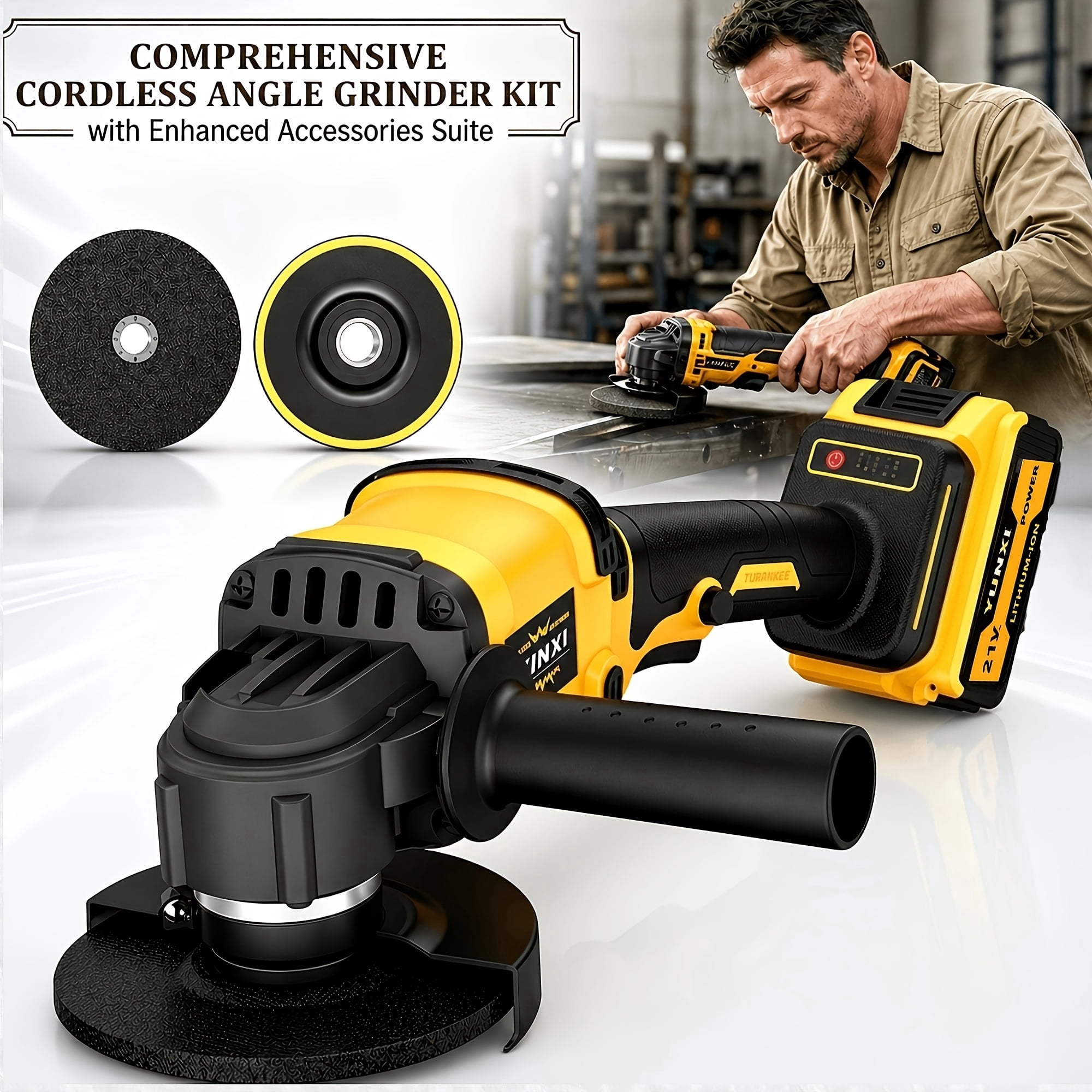 21V Cordless Angle Grinder Set, Rechargeable Polishing Grinder with 4000mAh Battery & Fast Charger, Full Accessories for Wood Metal Plastic Stone Car Care, Gift for Men Dad