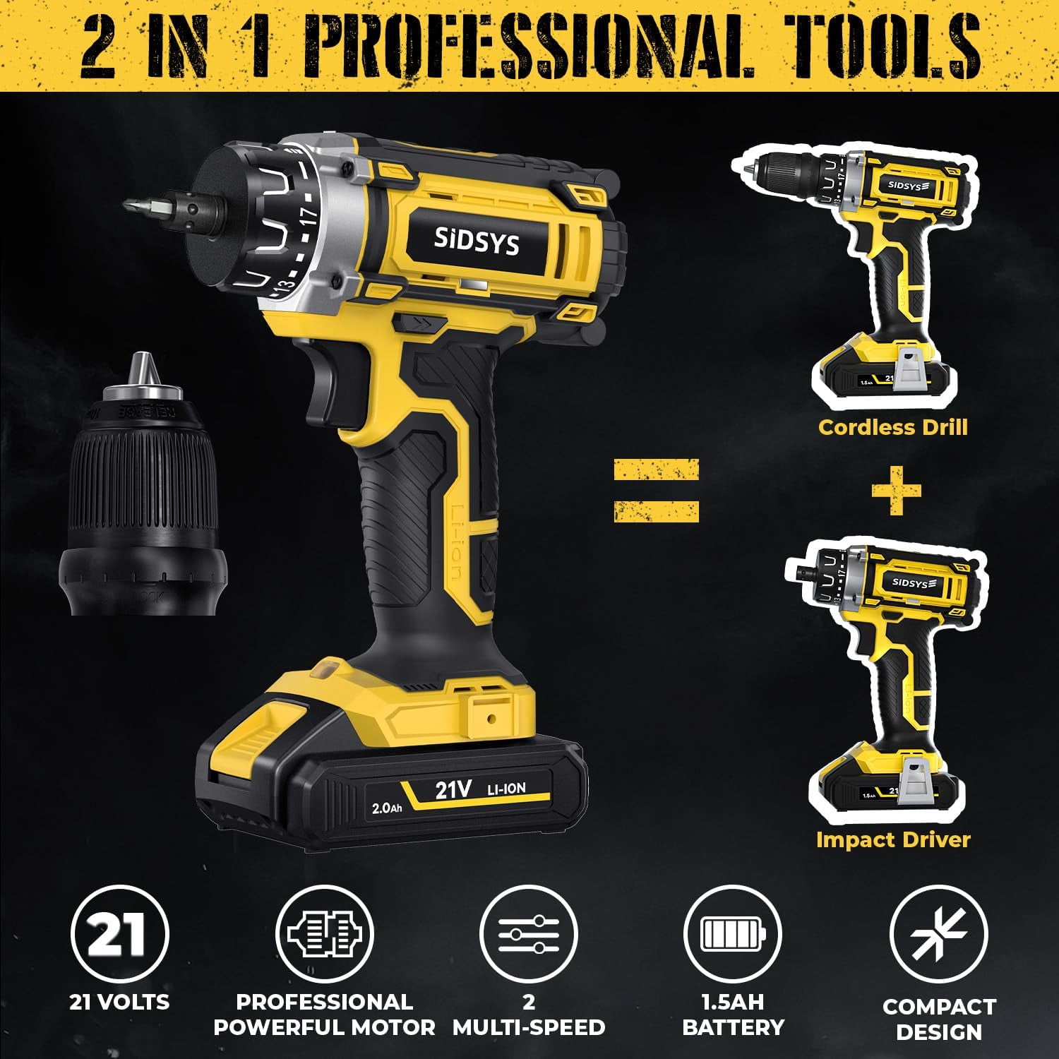 21V  Cordless Electric Drill Set, 3/8 Keyless Chuck Power Drill 17+1 Torque, 2 Variable Speed, Built-In LED, Versatile Hand Drills for Wood Drilling/Screw Removal