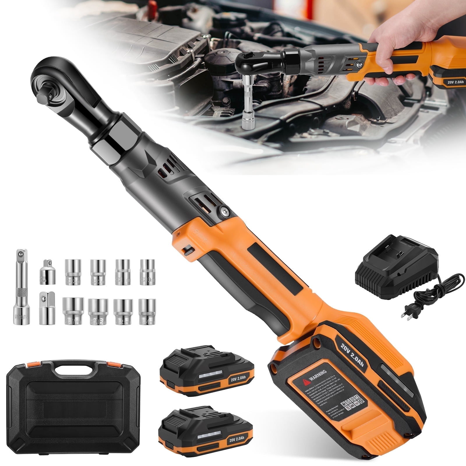 SPEEDWOW 3/8" Cordless Electric Ratchet Wrench Set, 20V 66Ft-lbs(90 N.M) 250RPM Power Ratchet Tool Kit with 2x 2.0A Batteries, Charger & 8 Sockets Brushless Impact Wrench for Vehicles Appliances
