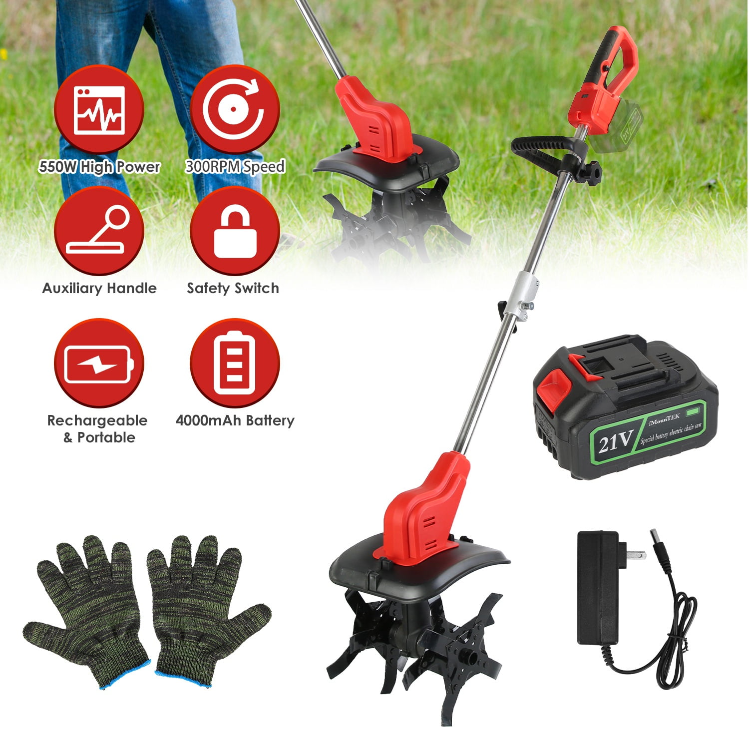 21V Cordless Electric Tiller Cultivator 55In 9In Tilling Width Depth 550W 300RPM 16 Steel Tines 4000mAh Battery Display 55Mins Runtime Auxiliary Handle Weeding Lawn Garden Soil Cultivation 11Lbs