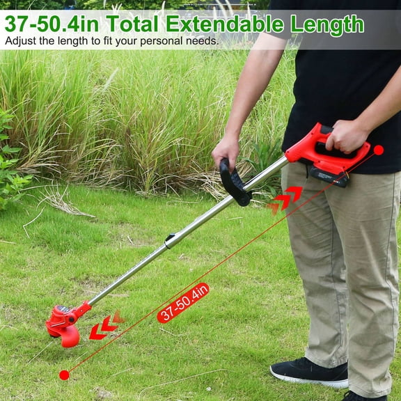 21V Cordless Grass Trimmer and Brush Cutter Adjustable Telescopic Pole with 4 Alloy Blades & 10 Plastic Blades for Lawn Edging Weed Whacking Yard Garden Maintenance Includes 2 Batteries Safety Gear