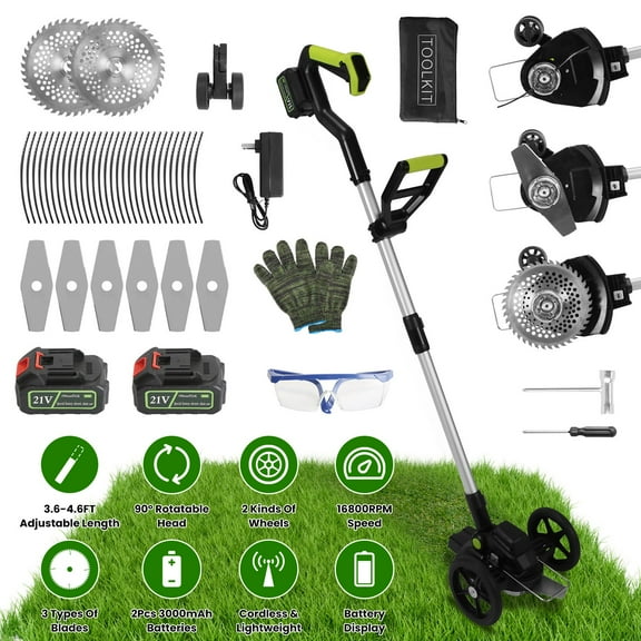 21V Cordless Grass Trimmer and Edger with 2 Batteries Brushless Motor 16800 RPM 90 Degree Rotating Head 3 Blades Types Extendable Pole for Lawn Yard Garden Weed Trimming Edging