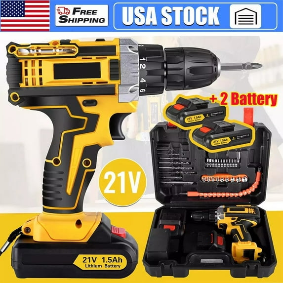 21V Cordless Hammer Drill Set Electric Impact Driver Screwdriver with 2 Battery for Home, Garden, DIY & Workshop