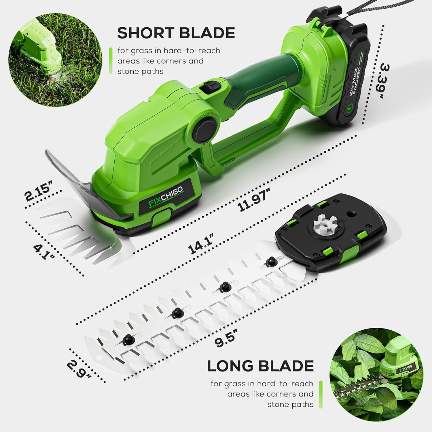 21V Cordless Hedge Trimmer 2-in-1 with 2 Batteries, Lightweight Electric Grass Shear for Garden Yard Lawn Care