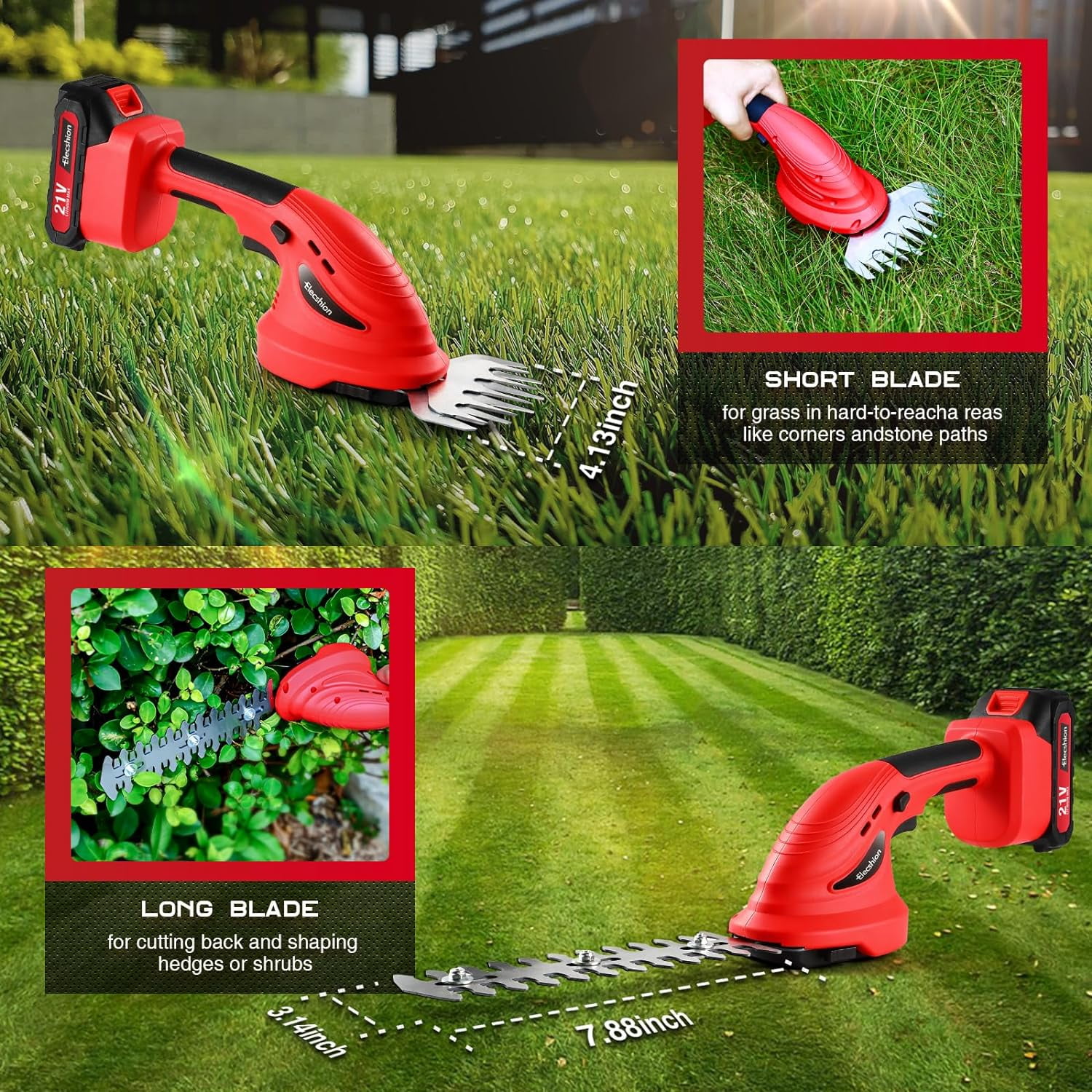 21V Cordless Hedge Trimmer with Battery - 2-in-1 Electric Grass Shear & Shrub Cutter for Garden Lawn