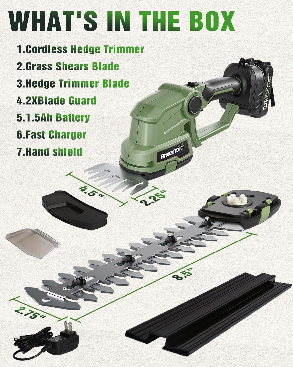 21V Cordless Hedge Trimmer with Battery & Charger, 2-in-1 Bush Trimmer and Grass Shear for Garden