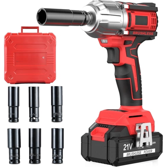 21V Cordless High Torque Wrench 1/2 inch, Brushless with Max Torque 450 ft-lb (600N.m), 4.0Ah , 6 count Sockets (17-22mm), Charger and Tool Box