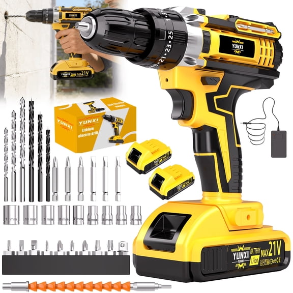 21V Cordless Impact Drill Kit, Electric Power Drill with Built-in LED Light, 2.0Ah Battery & Fast Charger, Optional Toolbox & Drill Bits for Home Renovation Carpentry Metal Drilling