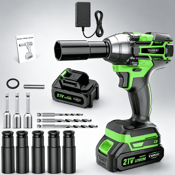 21V Cordless Impact Wrench, 1106Ft-lbs (1200N.m) 1/2" Brushless Impact Gun, 21V High Torque Power Impact Driver, 21V Batteries 3300 RPM 1000W Electric Impact Gun for Home, Electric Impact Motor Var