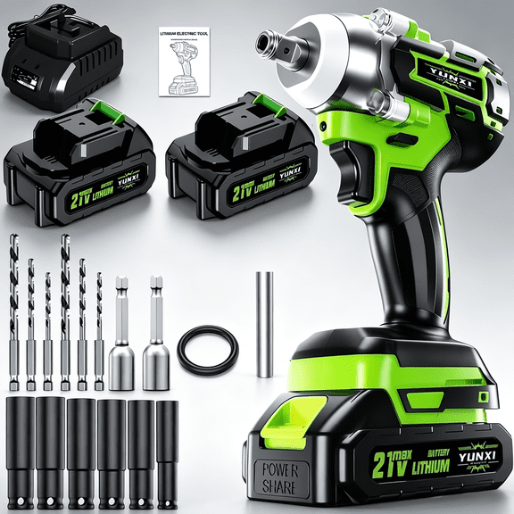 21V Cordless Impact Wrench, 1106Ft-lbs (1200N.m) 1/2" Brushless Impact Gun, 21V High Torque Power Impact Driver, 2x21V Batteries 3300 RPM 1000W Electric Impact Gun for Home, Electric Impact Motor V