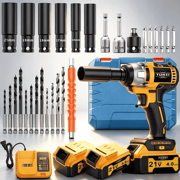 21V Cordless Impact Wrench, 740Ft-lbs (1000N.m) 1/2" Brushless Impact Gun, 21V High Torque Power Impact Driver, 2x21V Batteries 3300 RPM 1000W Electric Impact Gun for Home, Electric Impact Motor Va